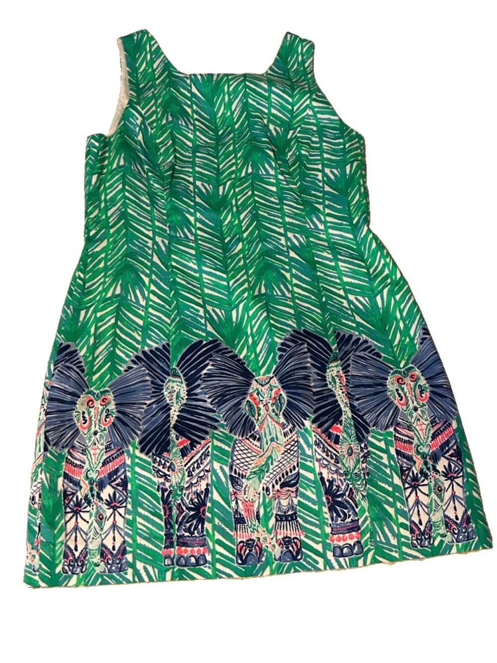Lilly Pulitzer Green Palm-Print Mini Dress with Navy & Pink Elephant Border